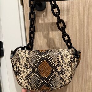 Black and Brown Shoulder Bag with Snakeskin Pattern and Chunky Chain Strap